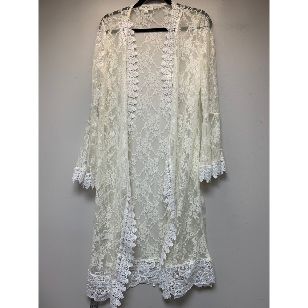 Full Circle Trends Lace Duster Cardigan Womens Large Ivory Excellent Boho Sheer
